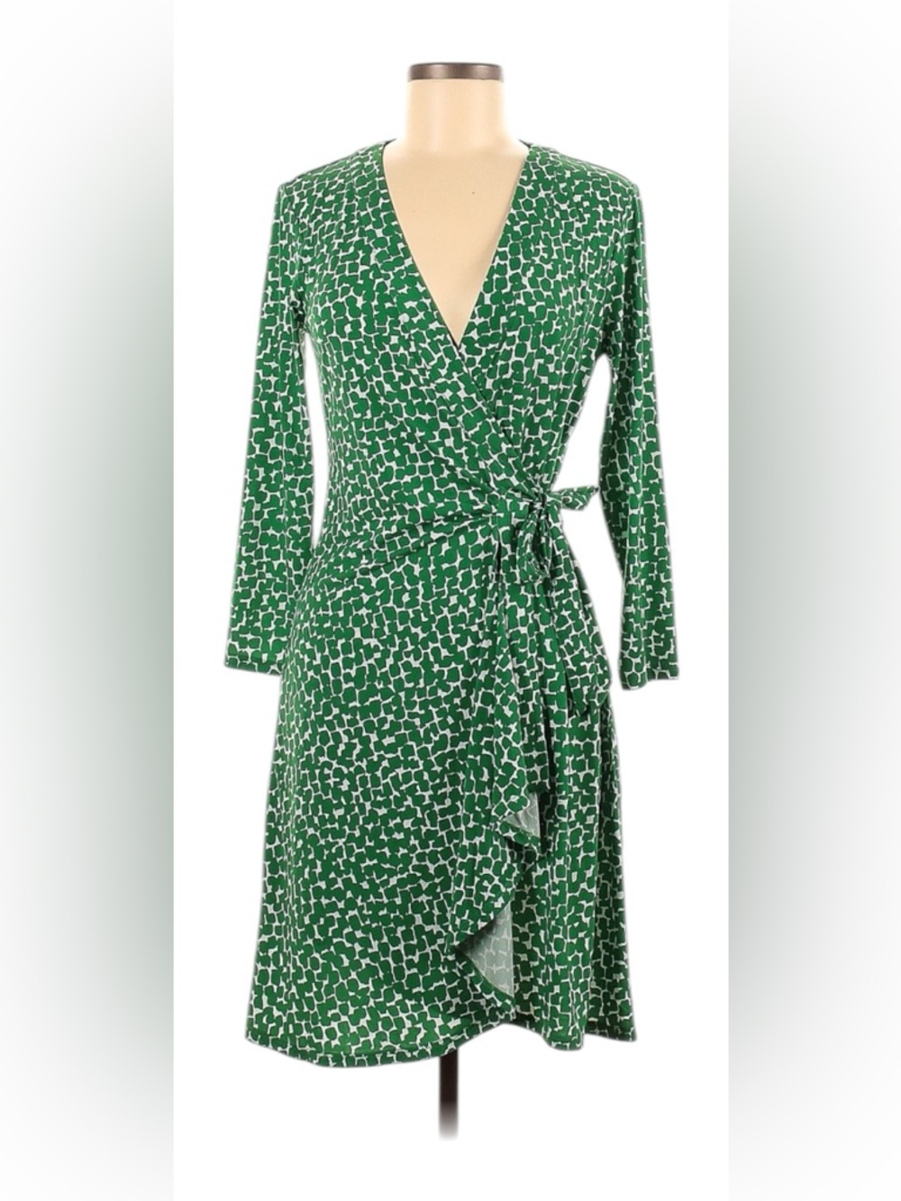 BCBGMAXAZRIA Green Wrap Dress Size Medium Geometric Print 3/4 Sleeve Tie Waist